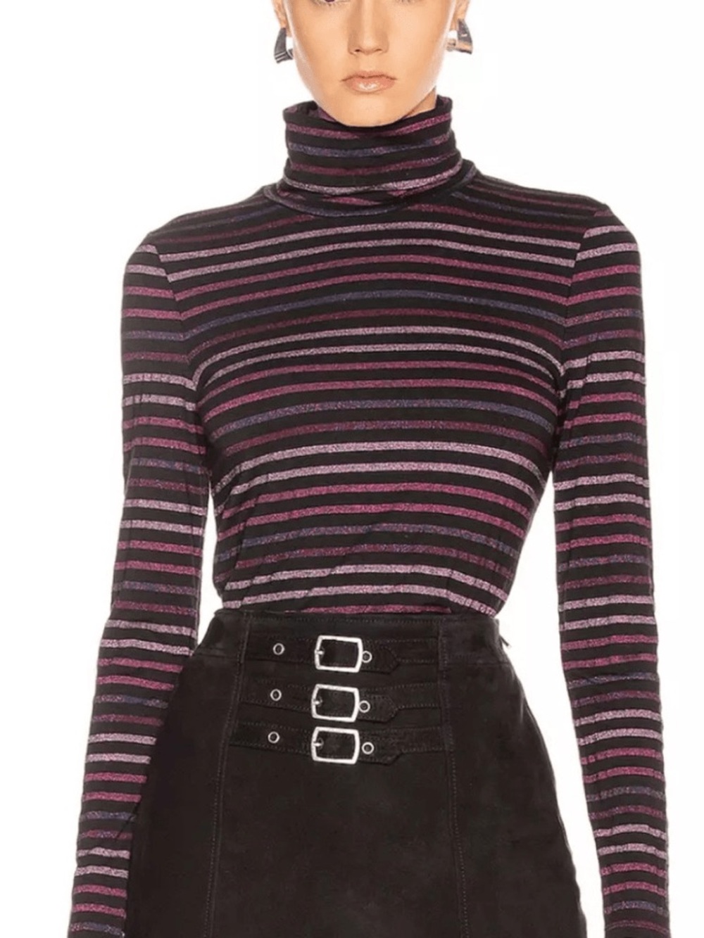 Veronica Beard Audrey Metallic Stripe Turtleneck Black Purple Disco Glam Top S